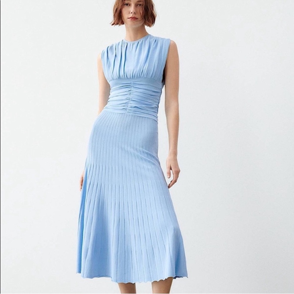 Zara Sky Blue Sleeveless Pleated Midi Dress